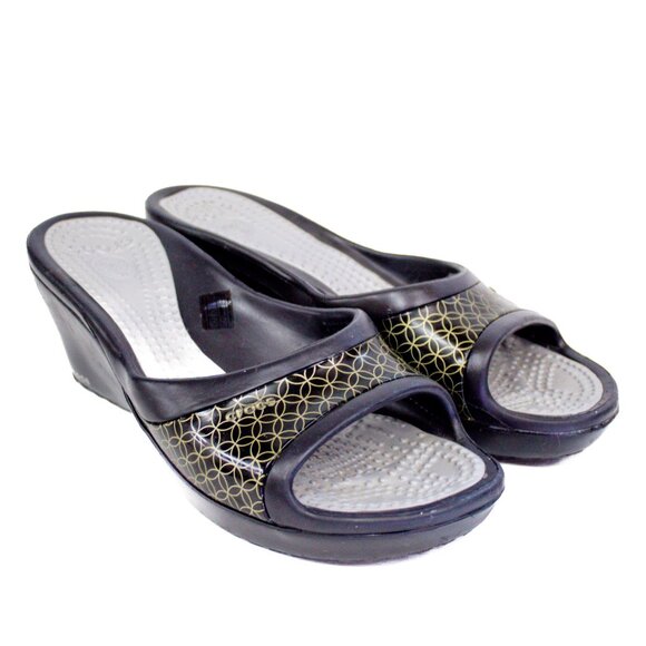 Crocs Sassari Sandals Black Open Toe Wedge Heel Comfort Shoes Womens Size 10 - Picture 2 of 10